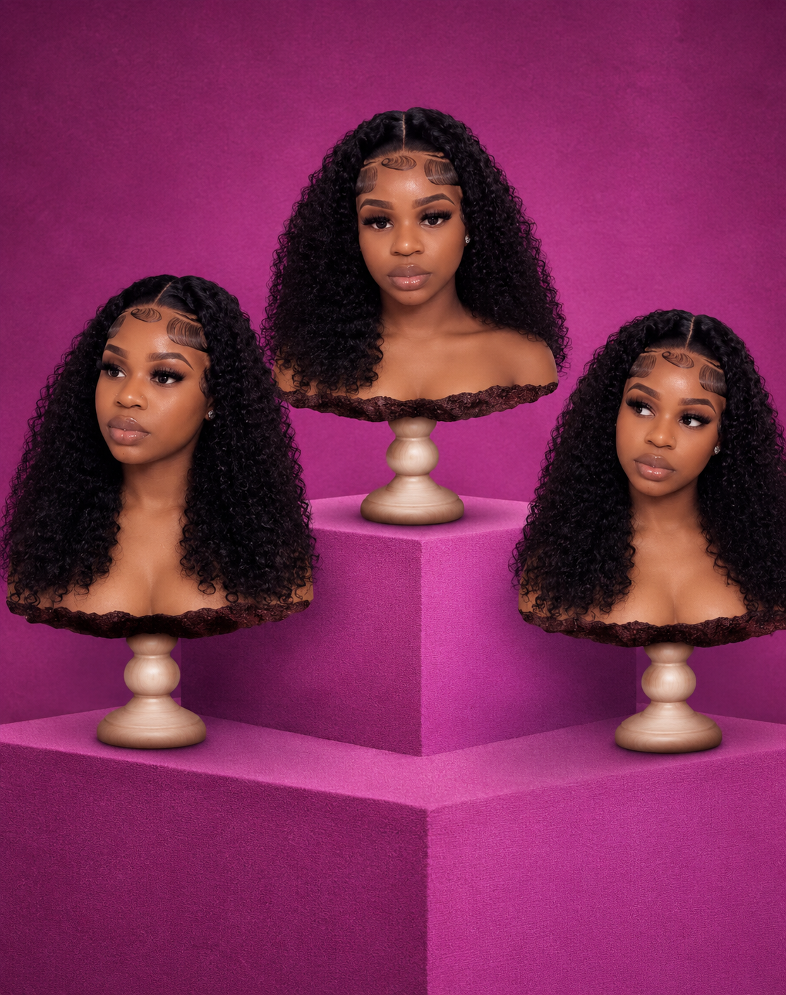 Three views of dark curly hair against a pink background